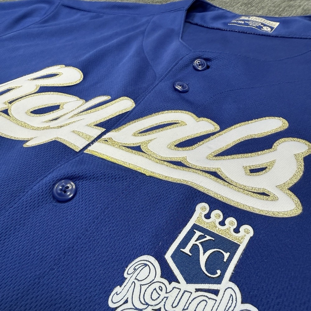 Kansas City Royals Baseball Jersey 2XL Blue MLB Button Front‎ KC Gold Sparkle